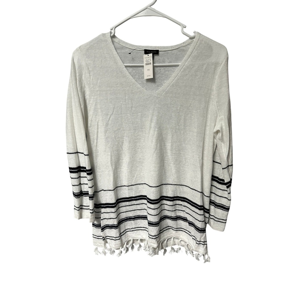 Talbots Womens XS White & Black Fringe Hem V Neck Long Sleeve Top BNWT $79.50